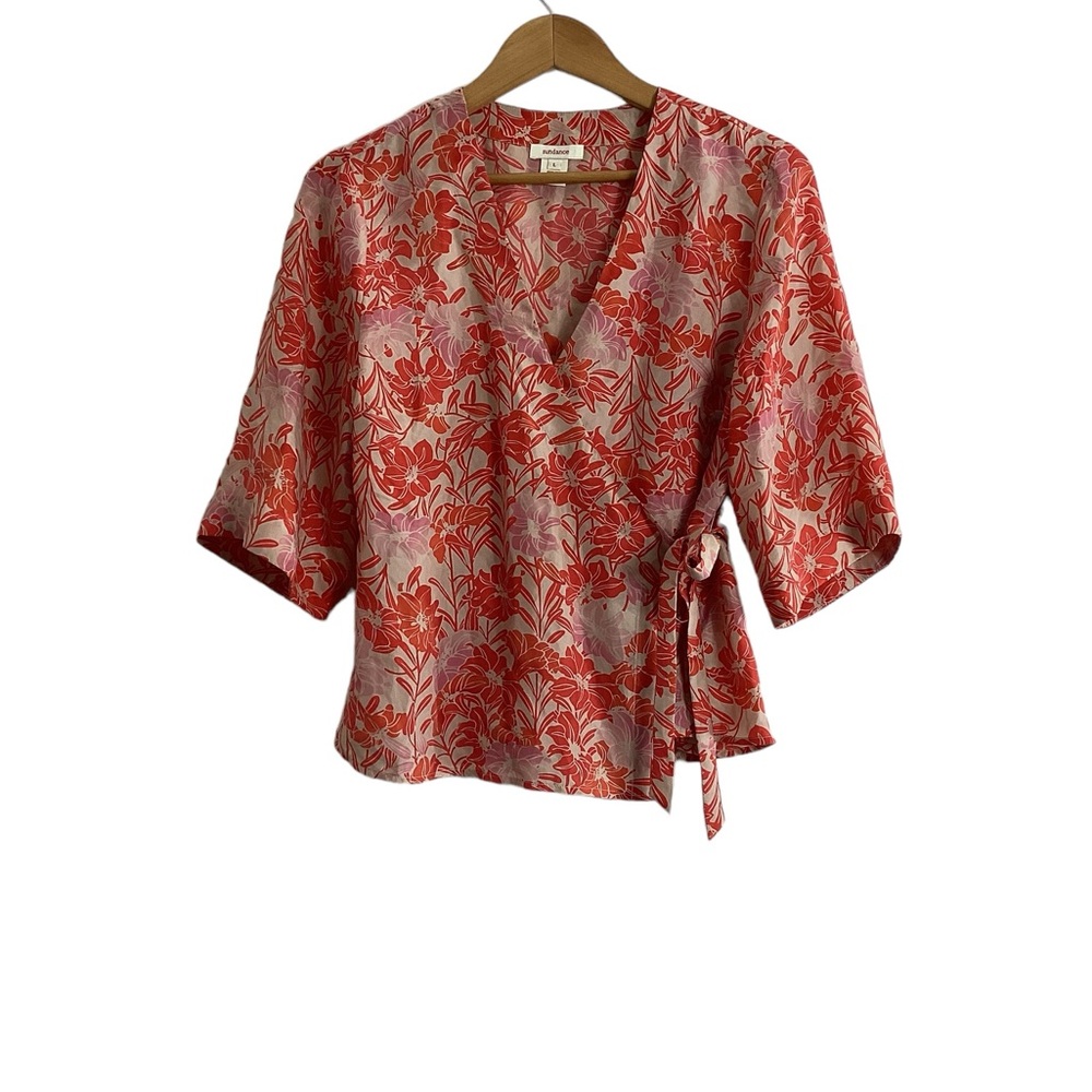 Sundance 100% Silk Floral Wrap Front Blouse Top Size Large